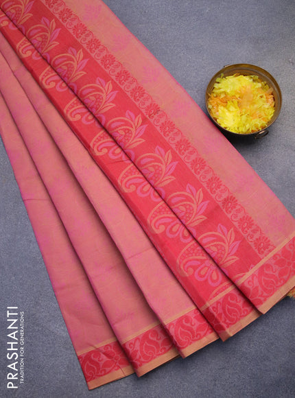 Coimbatore cotton saree dual shade of pink shade and red with allover self emboss and thread woven border