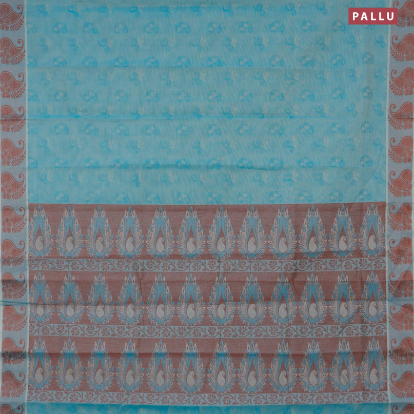 Coimbatore cotton saree teal blue shade and brown with allover self emboss and thread woven border