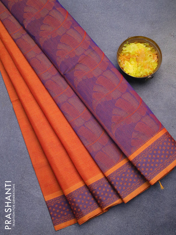 Coimbatore cotton saree sunset orange and blue with allover self emboss and thread woven border