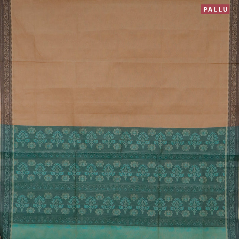 Coimbatore cotton saree dark sandal and teal green with allover self emboss and thread woven border