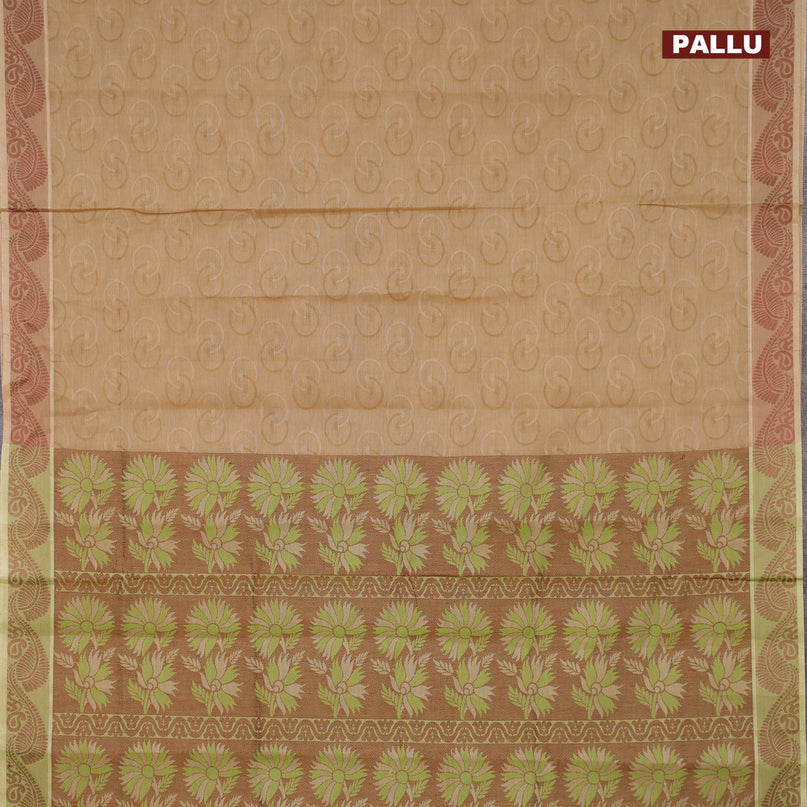 Coimbatore cotton saree dark sandal and green with allover self emboss and thread woven border