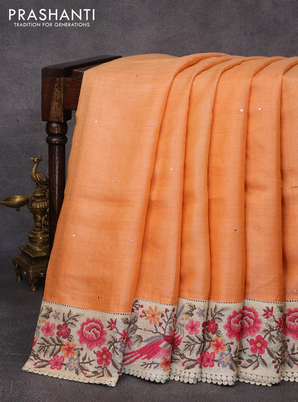 Pure tussar silk saree orange and cream with allover mirror work and floral design embroidery work border