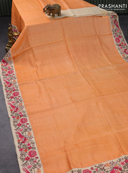 Pure tussar silk saree orange and cream with allover mirror work and floral design embroidery work border