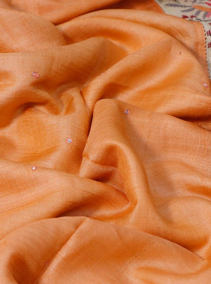 Pure tussar silk saree orange and cream with allover mirror work and floral design embroidery work border