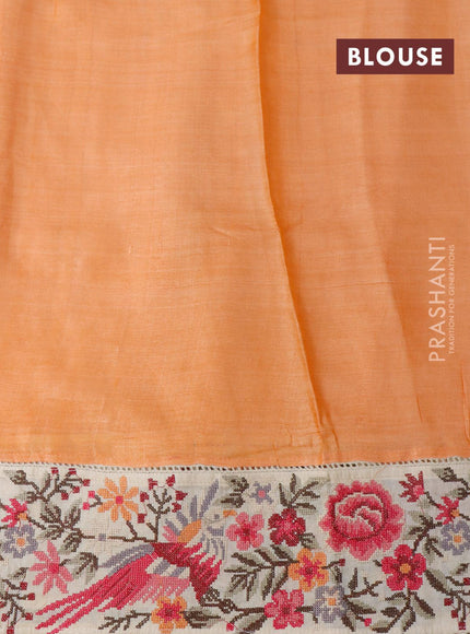 Pure tussar silk saree orange and cream with allover mirror work and floral design embroidery work border