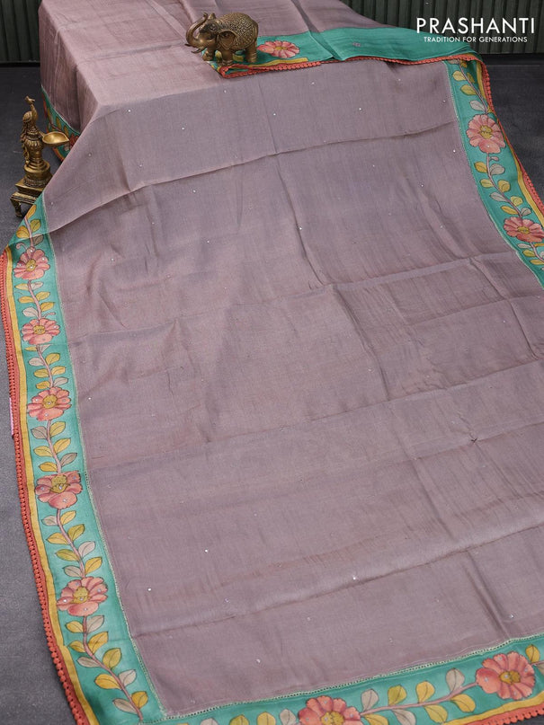 Pure tussar silk saree grey shade and teal green with allover mirror work and kalamkari printed border