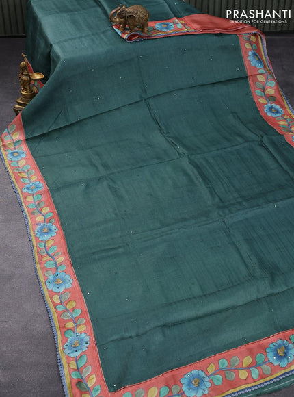 Pure tussar silk saree dark green and peach orange with allover mirror work and kalamkari printed border