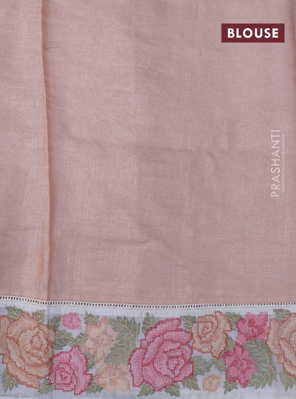 Pure tussar silk saree peach shade and cream with tie & dye prints and floral design embroidery work border