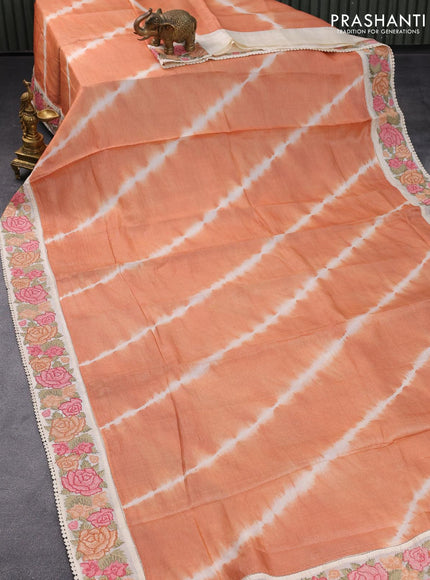 Pure tussar silk saree peach orange and cream with tie & dye prints and floral design embroidery work border