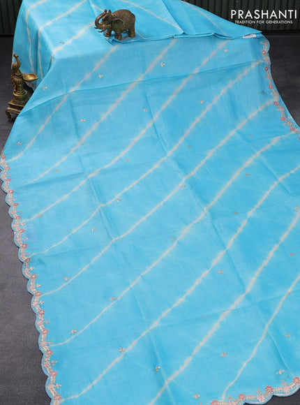 Pure tussar silk saree light blue with tie & dye prints embroidery work buttas and embroidery work border