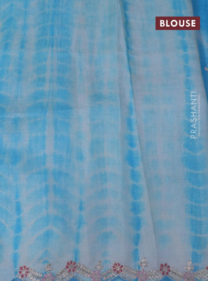 Pure tussar silk saree light blue with tie & dye prints embroidery work buttas and embroidery work border