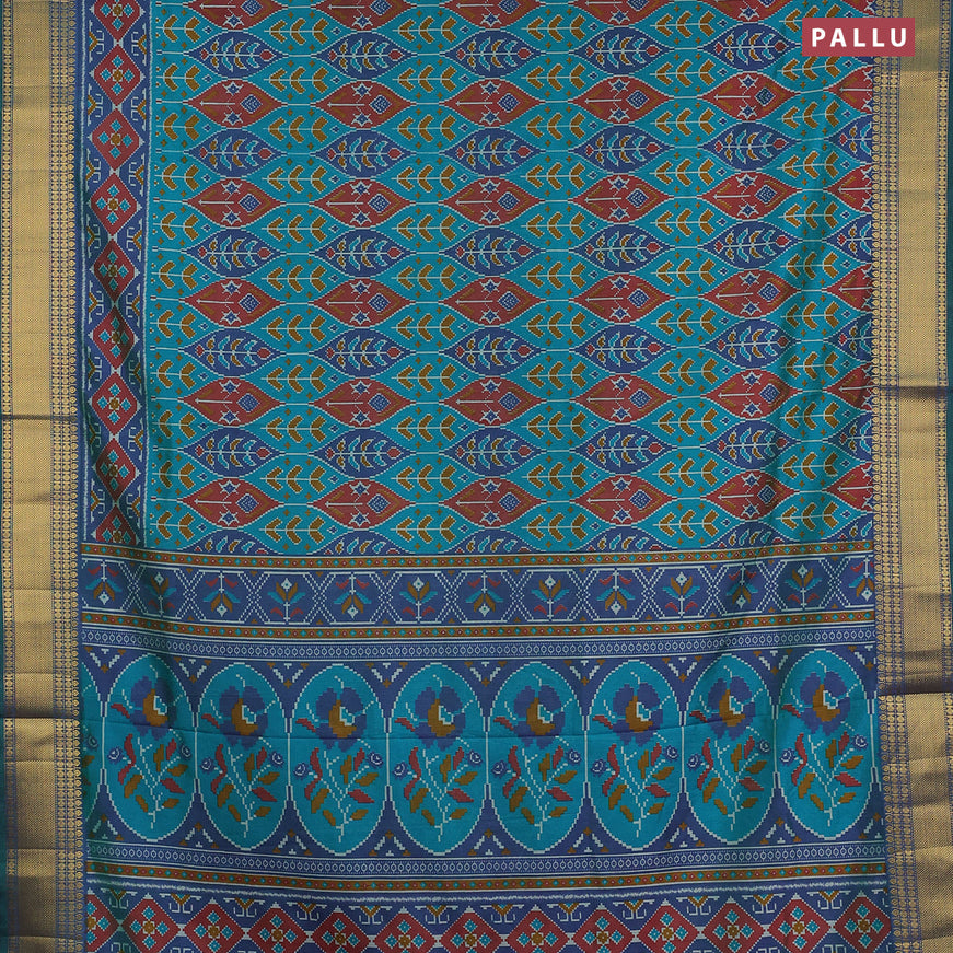 Semi tussar saree teal blue maroon and blue with allover ikat weaves and zari woven border