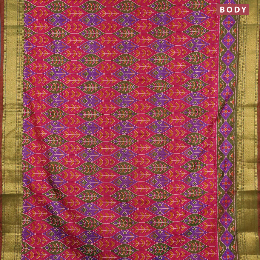 Semi tussar saree pink violet and dual shade of green with allover ikat weaves and zari woven border