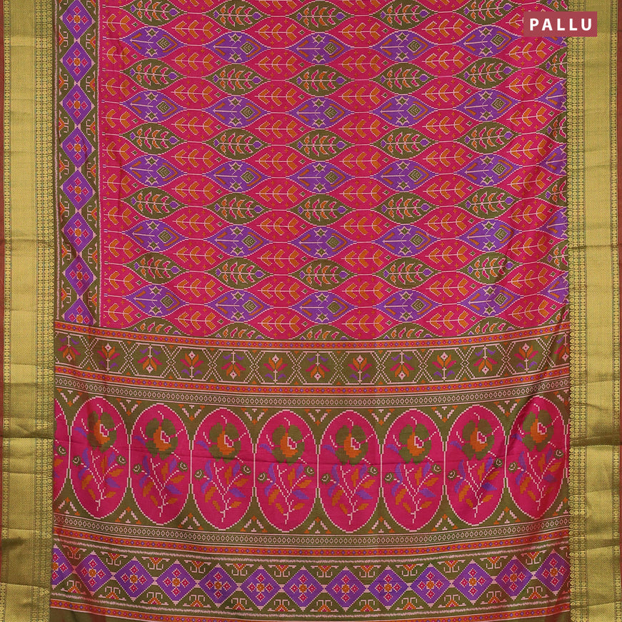 Semi tussar saree pink violet and dual shade of green with allover ikat weaves and zari woven border