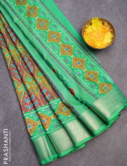 Semi tussar saree maroon mustard and green with allover ikat weaves and zari woven border