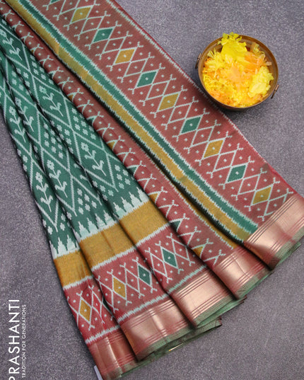 Semi tussar saree green and maroon shade with allover ikat weaves and zari woven border