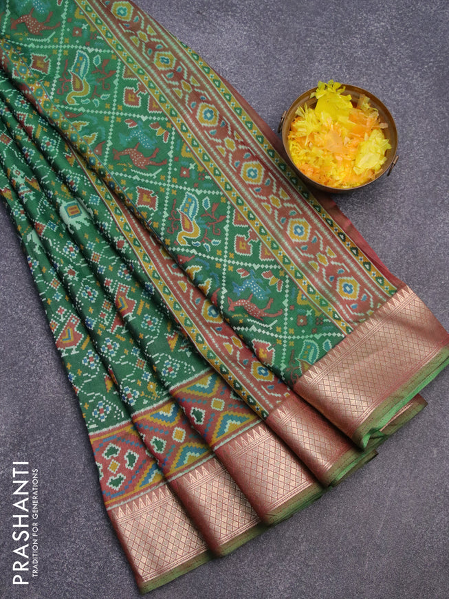 Semi tussar saree green and dual shade of maroon with allover ikat weaves and zari woven border