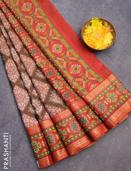 Semi tussar saree brown shade and rust shade with allover ikat weaves and zari woven border