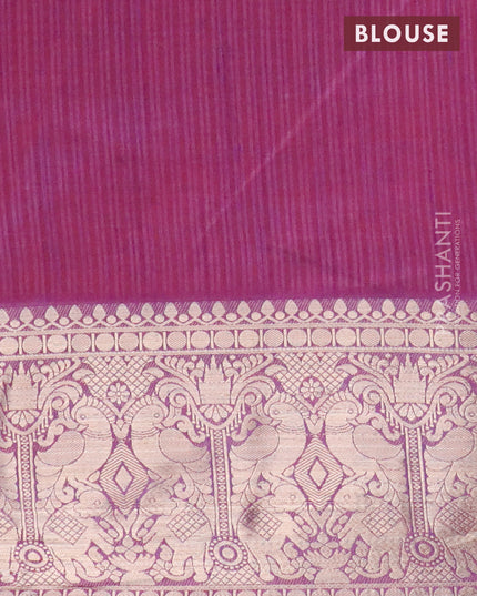 Semi tussar saree pink and dual shade of maroonish blue with allover ikat weaves and zari woven border