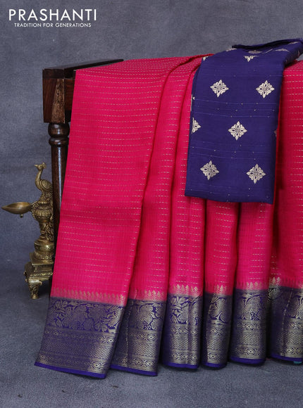 Dola silk saree pink and dark blue with allover zari stripe weaves and zari woven border & zari butta blouse