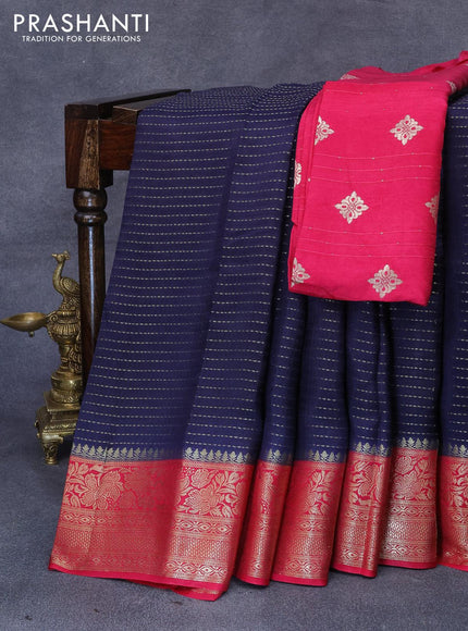 Dola silk saree navy blue and pink with allover zari stripe weaves and zari woven border & zari butta blouse