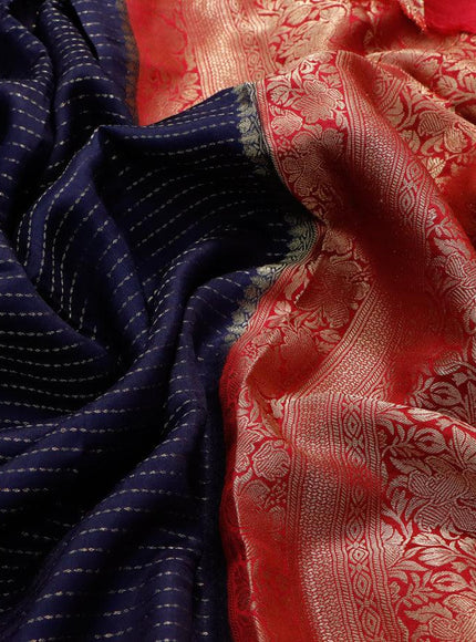 Dola silk saree navy blue and pink with allover zari stripe weaves and zari woven border & zari butta blouse