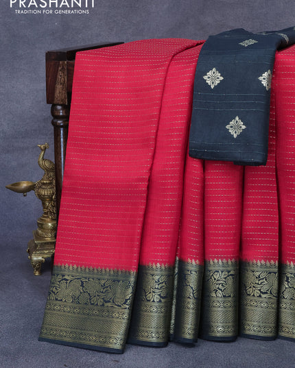 Dola silk saree red and bottle green with allover zari stripe weaves and zari woven border & zari butta blouse