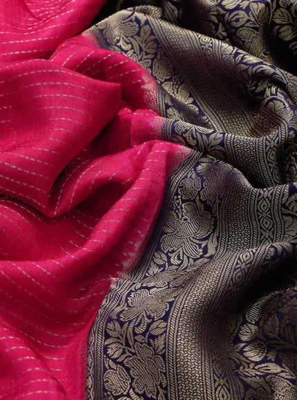 Dola silk saree pink and dark blue with allover zari stripe weaves and zari woven border & zari butta blouse