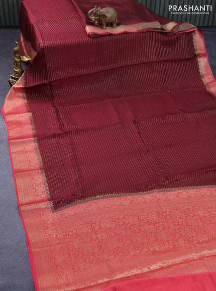 Dola silk saree deep maroon and pink shade with allover zari stripe weaves and zari woven border & zari butta blouse