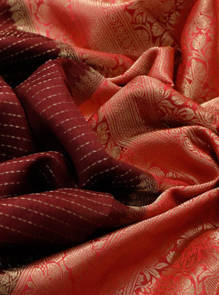 Dola silk saree deep maroon and pink shade with allover zari stripe weaves and zari woven border & zari butta blouse