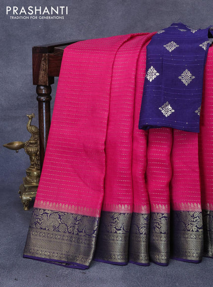 Dola silk saree pink and navy blue with allover zari stripe weaves and zari woven border & zari butta blouse