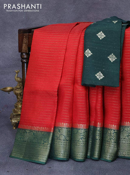 Dola silk saree red and bottle green with allover zari stripe weaves and zari woven border & zari butta blouse