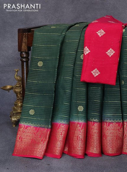 Dola silk saree dark green and pink with allover zari stripes & butta weaves and zari woven border & zari butta blouse