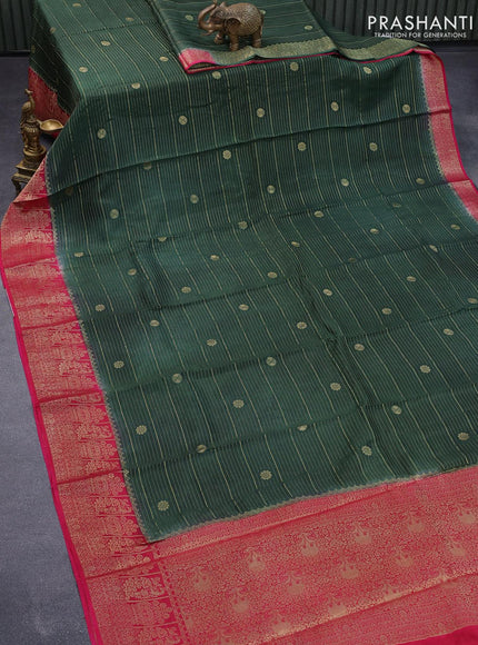 Dola silk saree dark green and pink with allover zari stripes & butta weaves and zari woven border & zari butta blouse