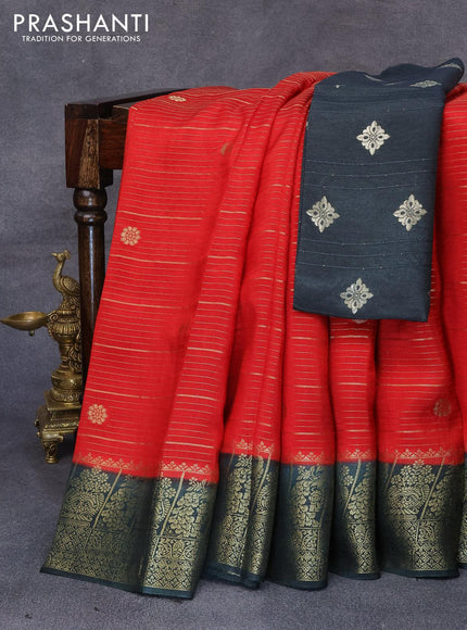 Dola silk saree red and black with allover zari stripes & butta weaves and zari woven border & zari butta blouse