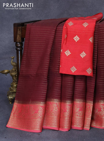 Dola silk saree deep maroon and peach pink with allover zari stripe weaves and zari woven border & zari butta blouse