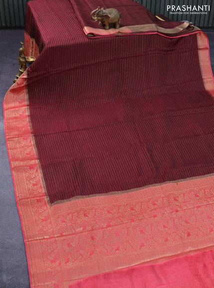 Dola silk saree deep maroon and peach pink with allover zari stripe weaves and zari woven border & zari butta blouse