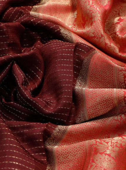 Dola silk saree deep maroon and peach pink with allover zari stripe weaves and zari woven border & zari butta blouse