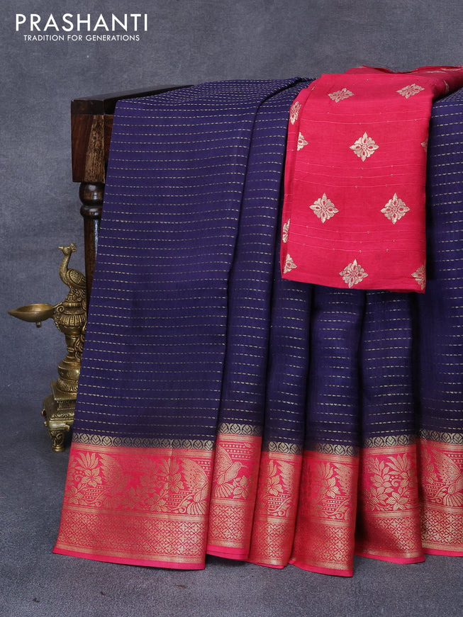 Dola silk saree navy blue and pink with allover zari stripe weaves and zari woven border & zari butta blouse