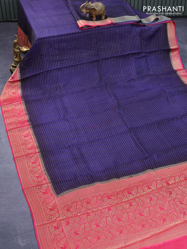 Dola silk saree navy blue and pink with allover zari stripe weaves and zari woven border & zari butta blouse