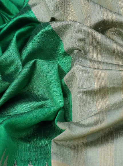 Dupion silk saree green and green shade with plain body and temple design zari woven simple border