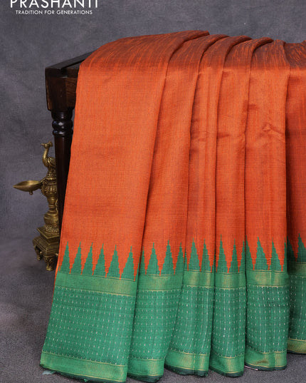 Dupion silk saree orange and green with plain body and temple design rettapet zari woven border