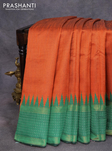 Dupion silk saree orange and green with plain body and temple design rettapet zari woven border