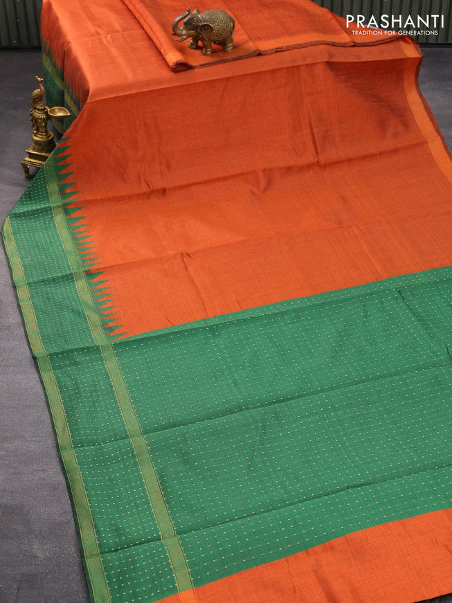 Dupion silk saree orange and green with plain body and temple design rettapet zari woven border