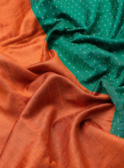 Dupion silk saree orange and green with plain body and temple design rettapet zari woven border