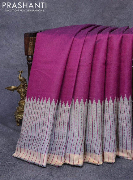 Dupion silk saree purple and grey shade with plain body and temple design thread woven border