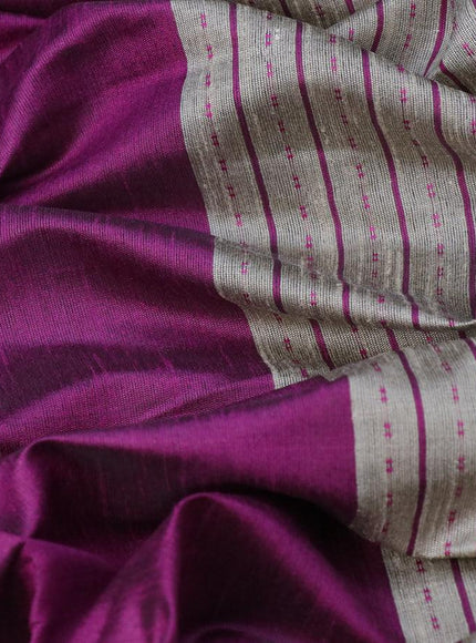 Dupion silk saree purple and grey shade with plain body and temple design thread woven border