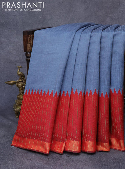 Dupion silk saree grey and red with plain body and temple design zari woven border