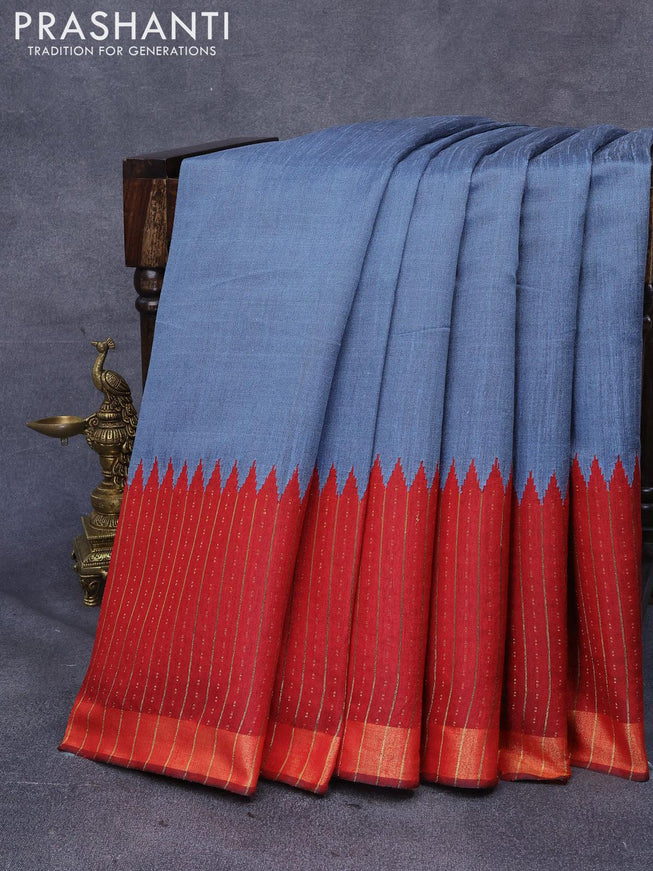 Dupion silk saree grey and red with plain body and temple design zari woven border