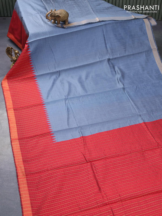 Dupion silk saree grey and red with plain body and temple design zari woven border